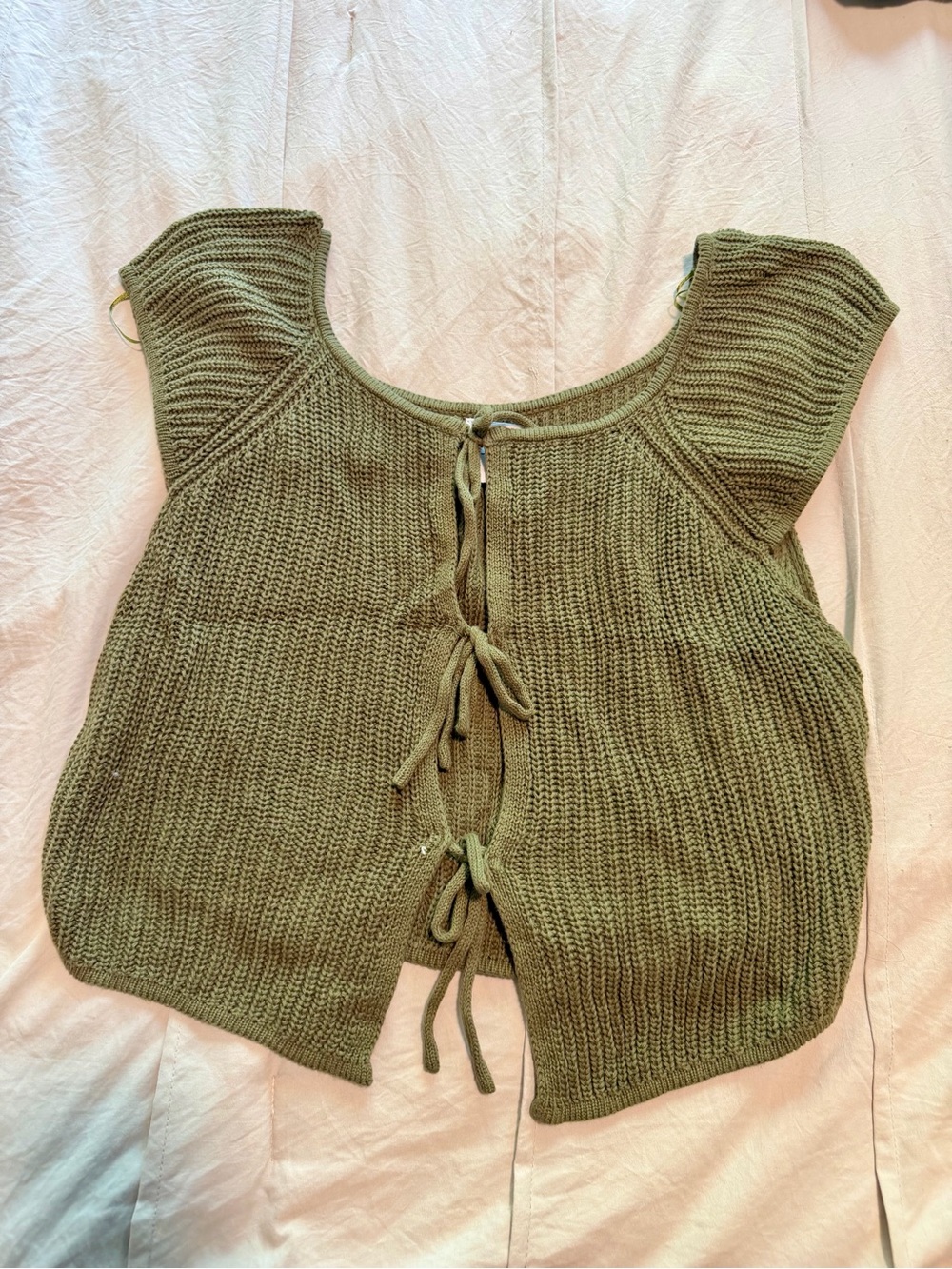 Le Lis Olive Green Knit Tie-Front Cap Sleeve Top